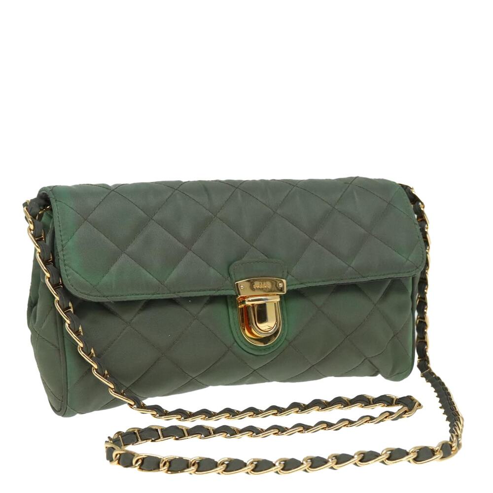 PRADA Chain Quilted Shoulder Bag Nylon Khaki Gold